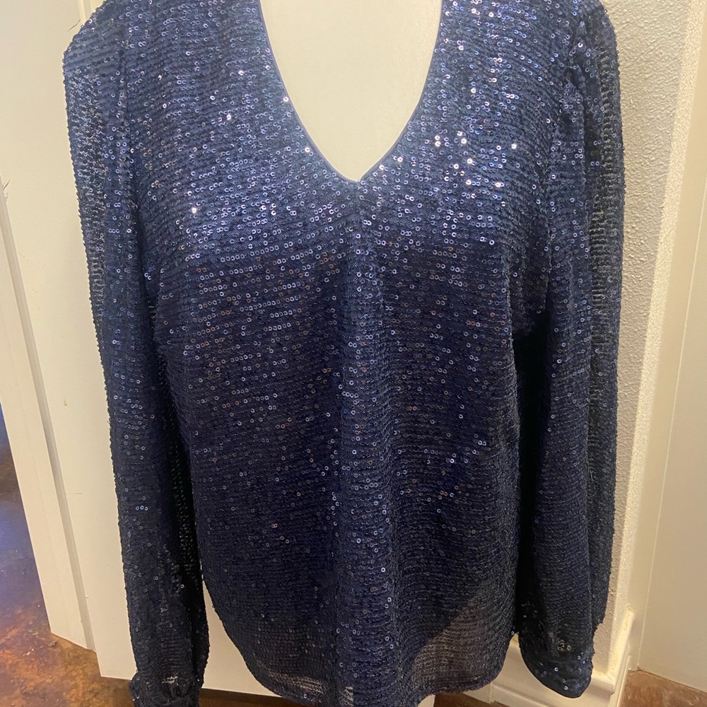 SHEIN Blue Sequin Long Sleeve Blouse
